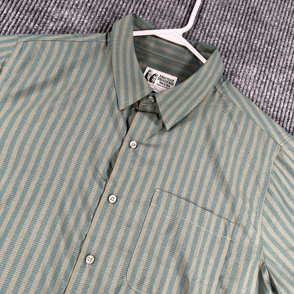 Marmot Shirt Mens Medium Green Striped Short Sleeve Button Up Camp Hike New